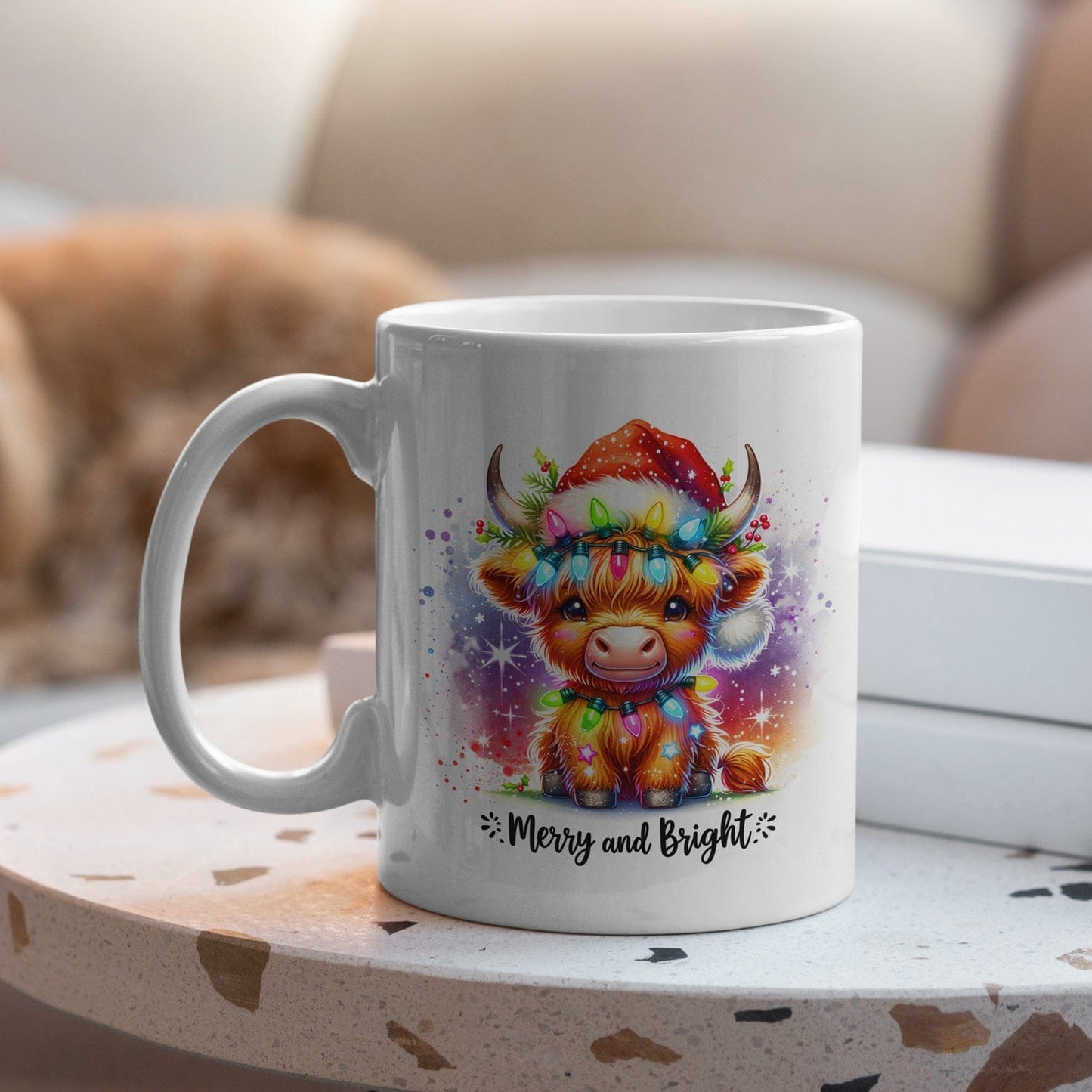 Mijn winkel Merry & Bright Kerstmok 325ml – Kerst Koffiemok met Schattige Highland Koe Illustratie