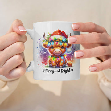 Mijn winkel Merry & Bright Kerstmok 325ml – Kerst Koffiemok met Schattige Highland Koe Illustratie