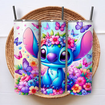 Mijn winkel Stitch Bloemen Tumbler 600ml – Met Deksel & Herbruikbaar Metalen Rietje – Vroli