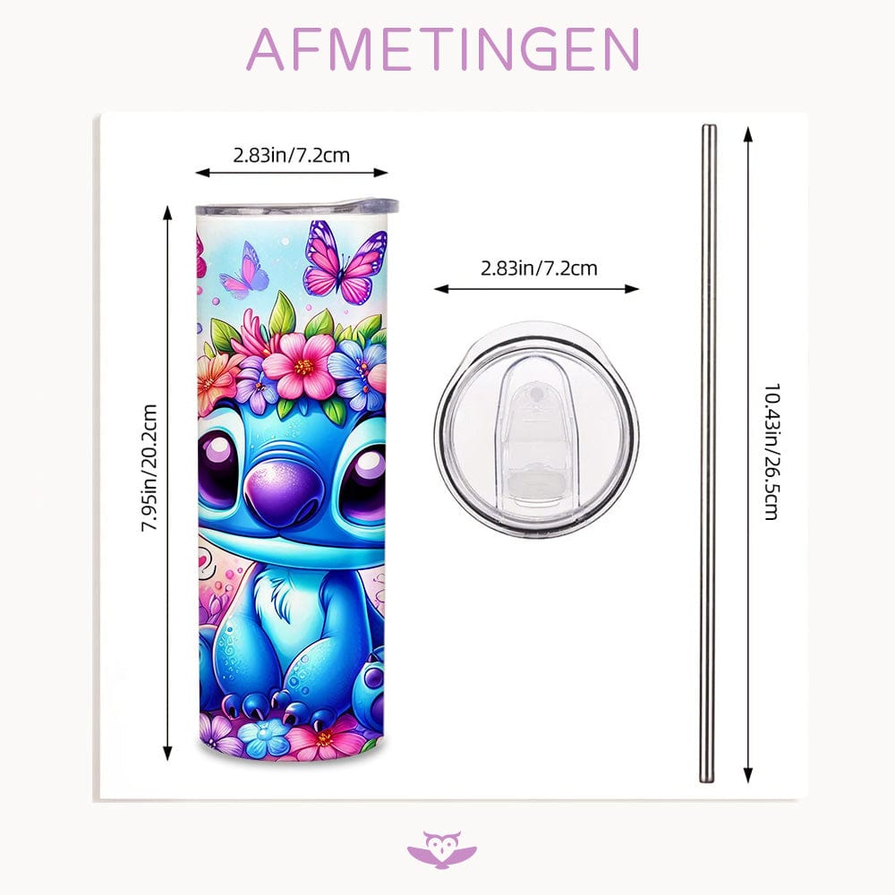 Mijn winkel Stitch Bloemen Tumbler 600ml – Met Deksel & Herbruikbaar Metalen Rietje – Vroli