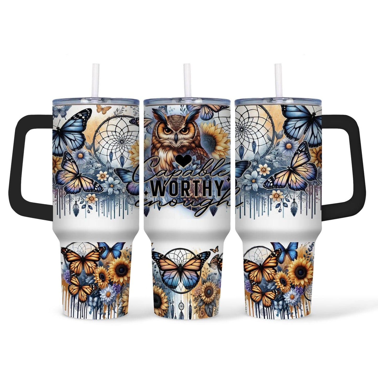 Mijn winkel Tumbler 40oz Uilen Tumbler 40oz met Tekst – “Capable Worthy Enough” Drinkbeker