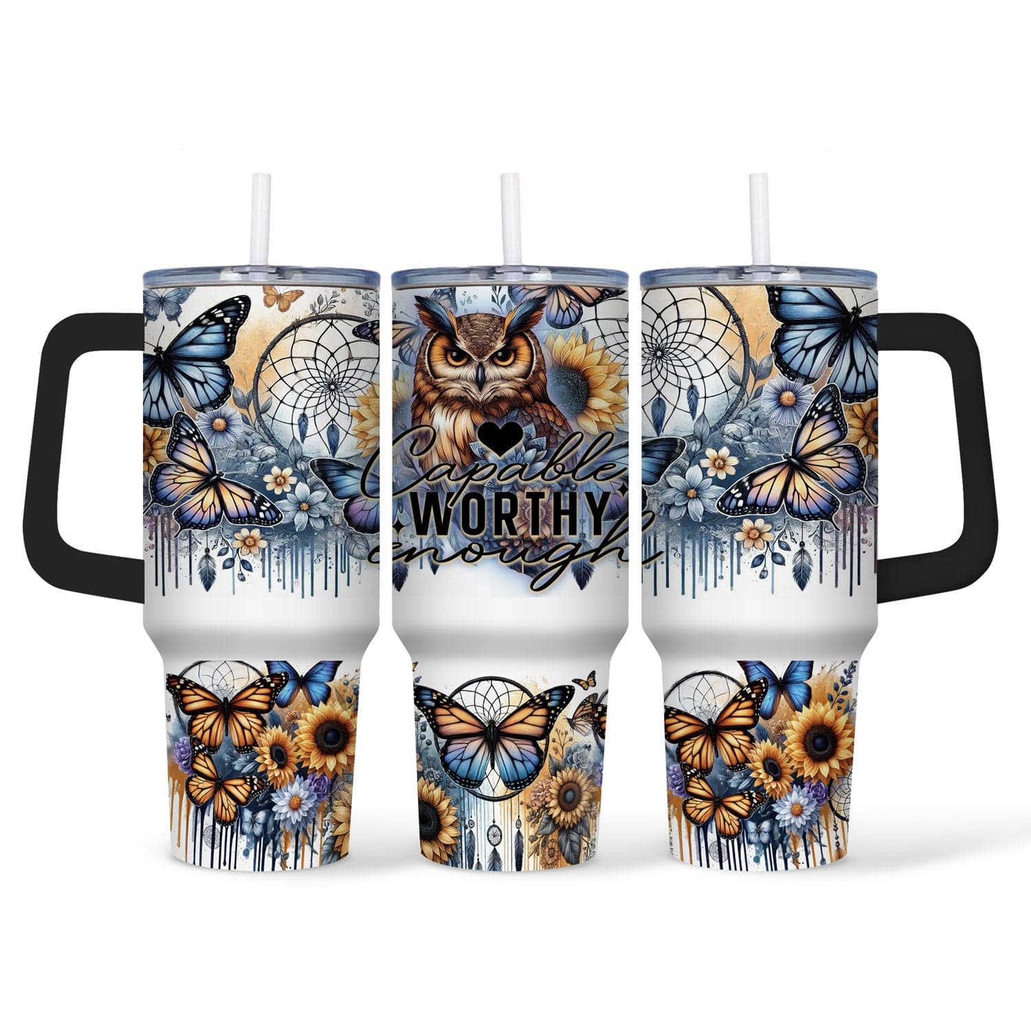 Mijn winkel Tumbler 40oz Uilen Tumbler 40oz met Tekst – “Capable Worthy Enough” Drinkbeker