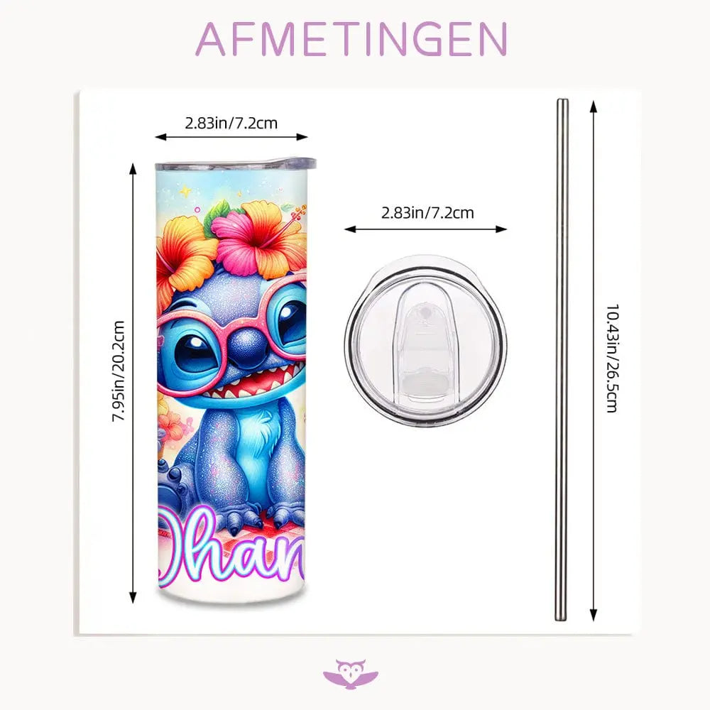 Ohana Stitch Tumbler 600ml – Cartoon Drinkbeker met Deksel & Metalen Rietje – He