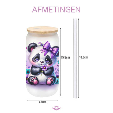 Panda Glazen Drinkbeker – 500ml – Met Deksel & Glazen Rietje – Koffiebeker / Smoothiebeker / IJskoffie Glas – Herbruikbare Drinkmok
