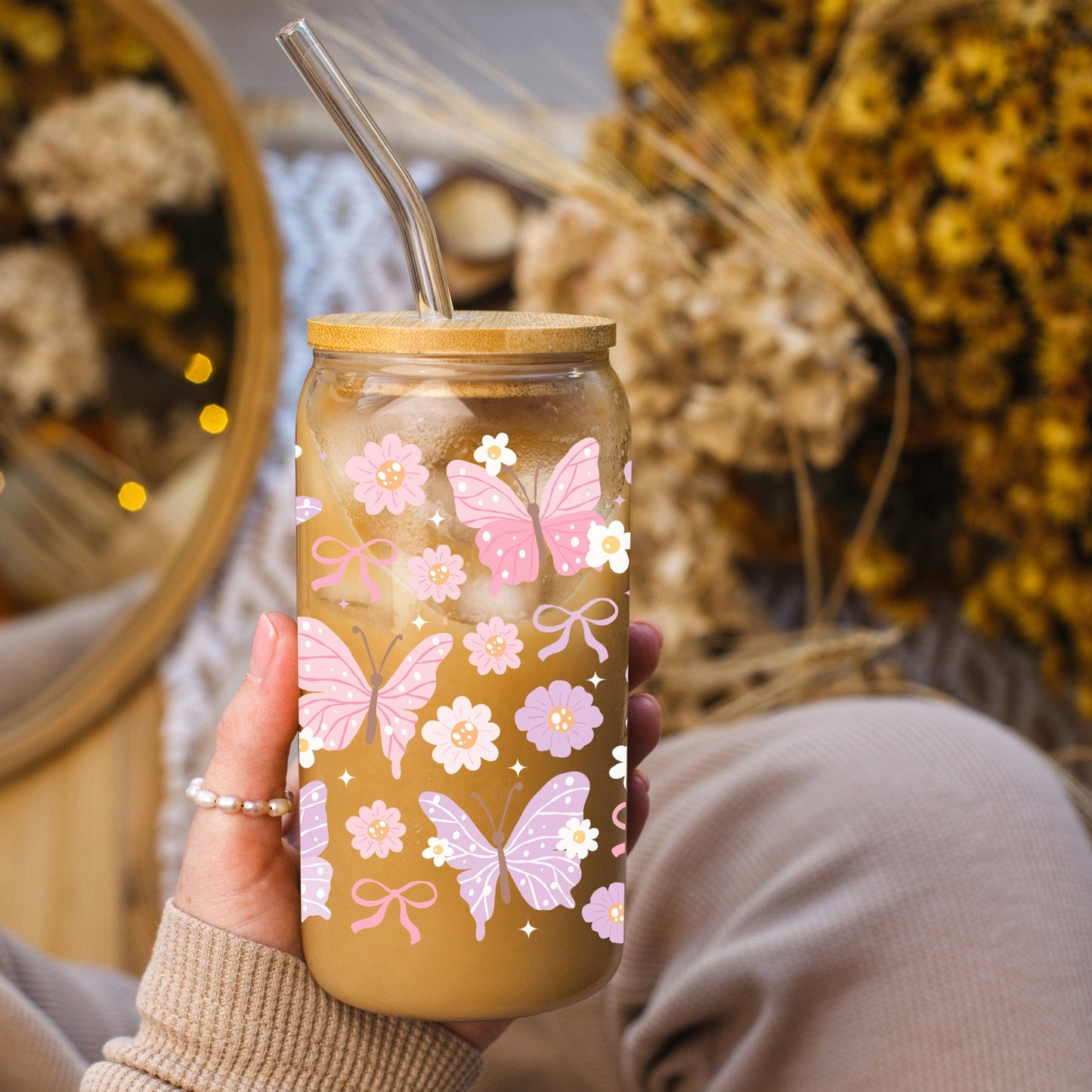 Pastel Butterfly Glazen Beker 500ml – Aesthetic Glas met Deksel & Rietje