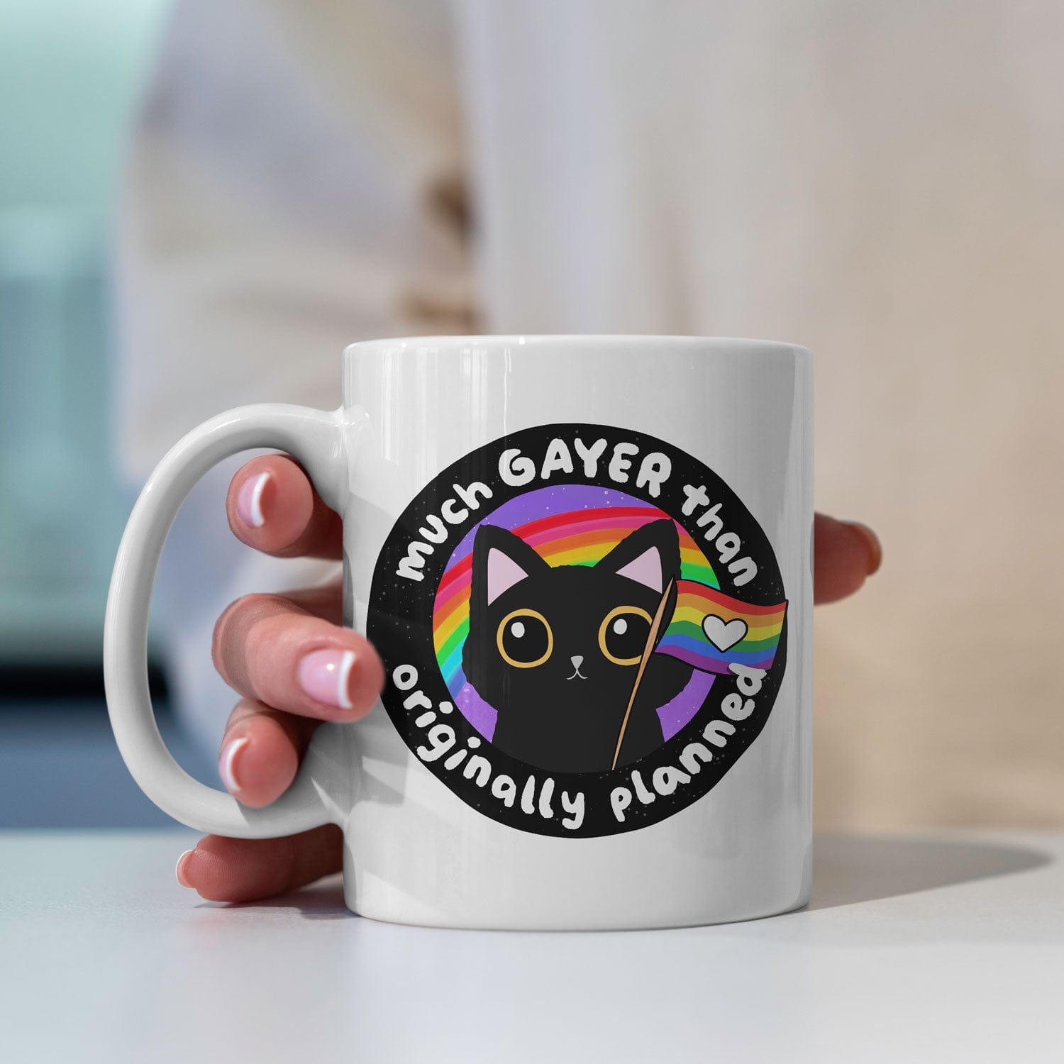 Pride Mok met Grappige Kat en Tekst "Much Gayer Than Originally Planned