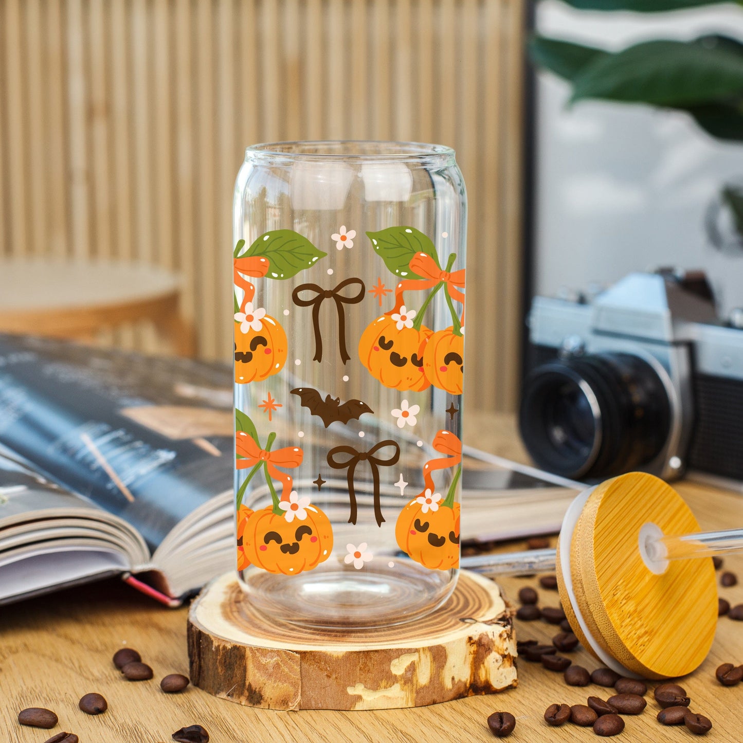 Pumpkin Cherrie Glazen Beker 500 ml met Deksel & Glazen Rietje