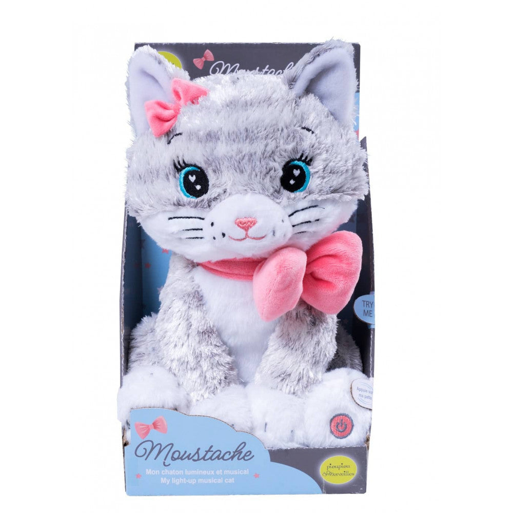 Moustache Knuffel Nachtlampje Kat 28 cm – Lichtgevende en Muzikale Kitten – Zachte Pluche Knuffel met Muziek en Lampje Creasowl