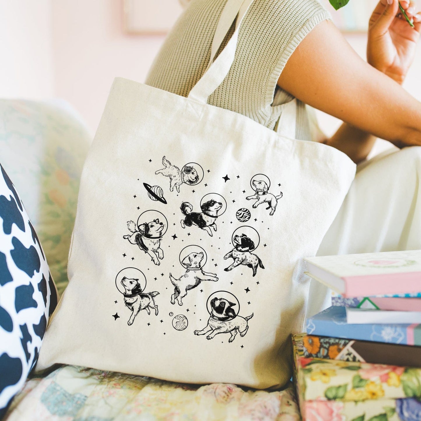 Space honden tote bag - Boodschappentas 38 x48 cm - Polylinnen