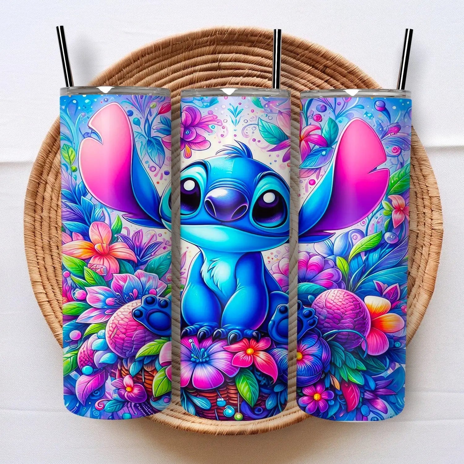 Stitch Bloemen Drinkbeker 600ml – Herbruikbare Cartoon Tumbler met Deksel & Riet