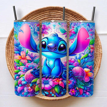 Stitch Bloemen Drinkbeker 600ml – Herbruikbare Cartoon Tumbler met Deksel & Riet