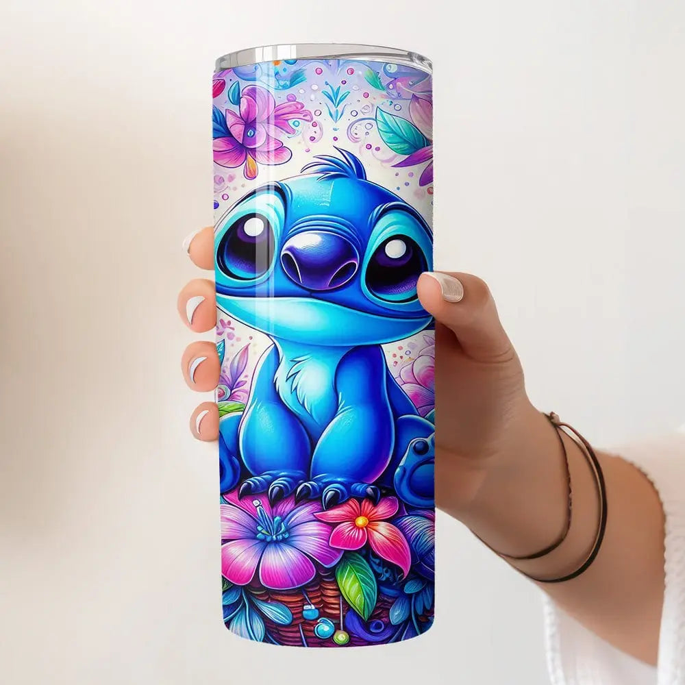 Stitch Bloemen Drinkbeker 600ml – Herbruikbare Cartoon Tumbler met Deksel & Riet