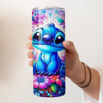 Stitch Bloemen Drinkbeker 600ml – Herbruikbare Cartoon Tumbler met Deksel & Riet