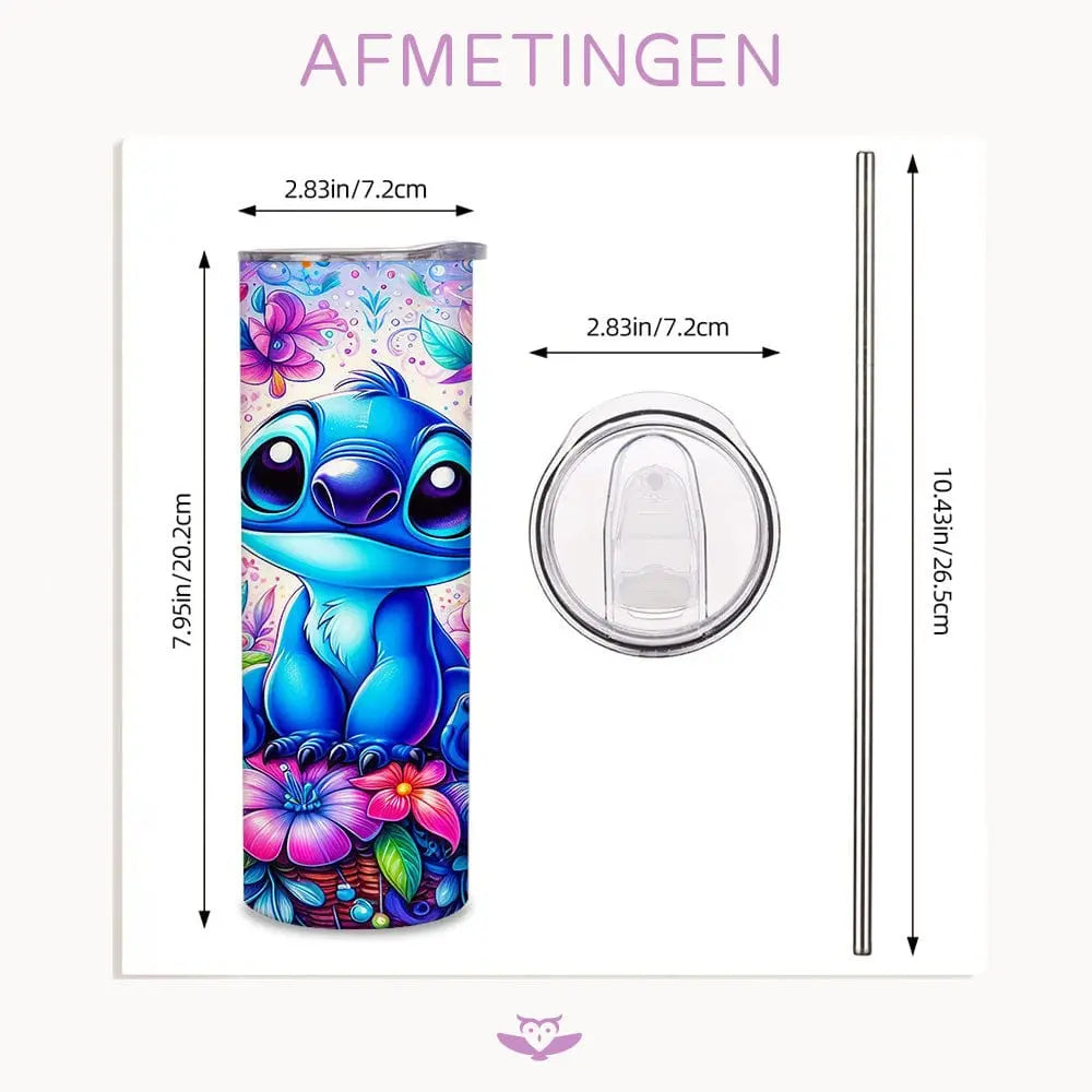 Stitch Bloemen Drinkbeker 600ml – Herbruikbare Cartoon Tumbler met Deksel & Riet