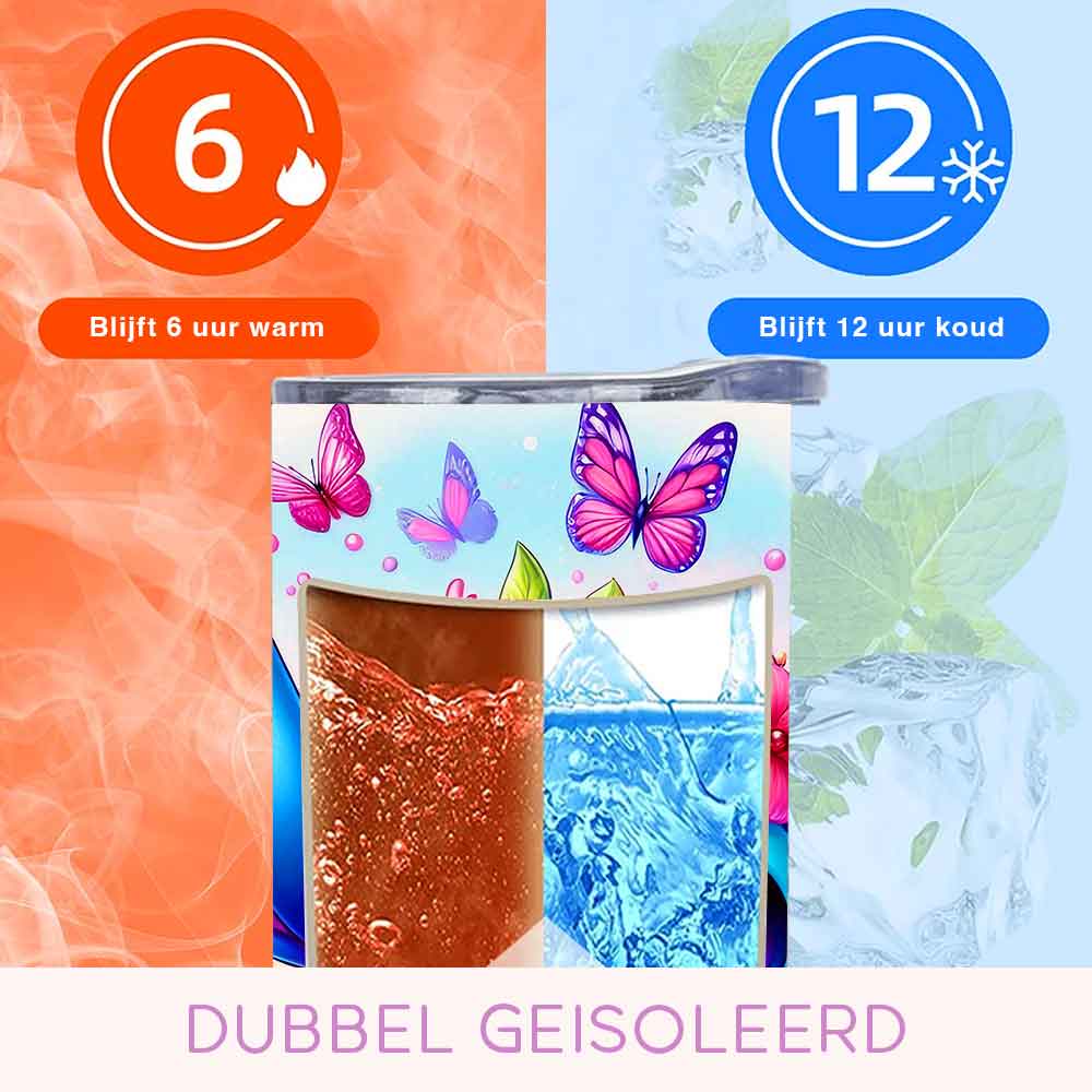 Stitch Bloemen Tumbler 600ml – Met Deksel & Herbruikbaar Metalen Rietje – Vroli