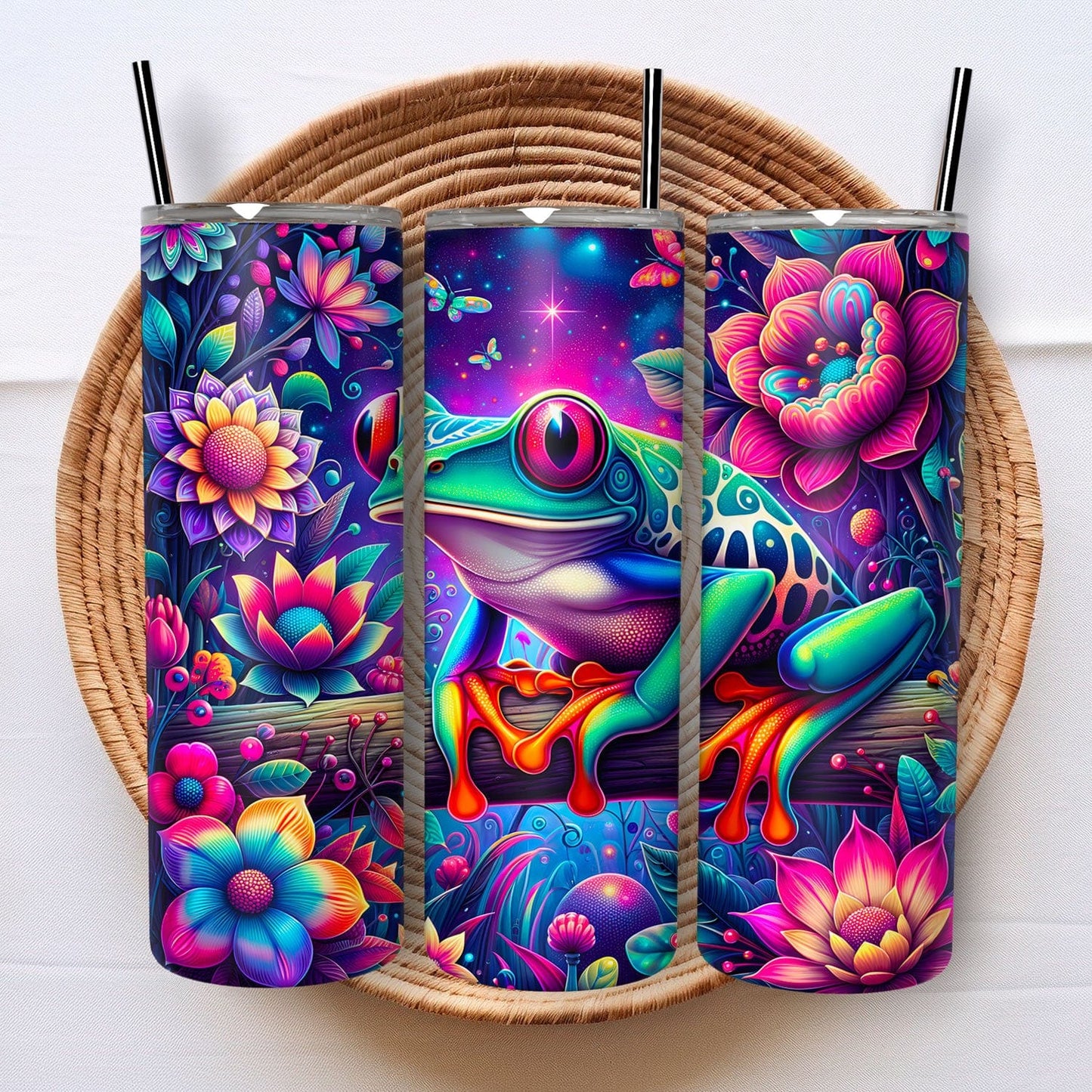 Thermosbeker met Kikker Design – Kleurrijke RVS Tumbler 600ml met Rietje