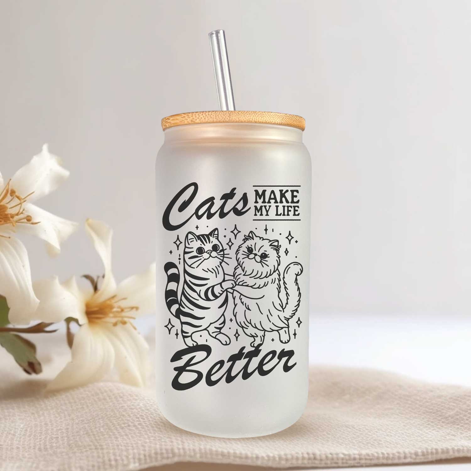 Wit Glazen Beker met Rietje en Bamboe Deksel - Cats Make My Life Better