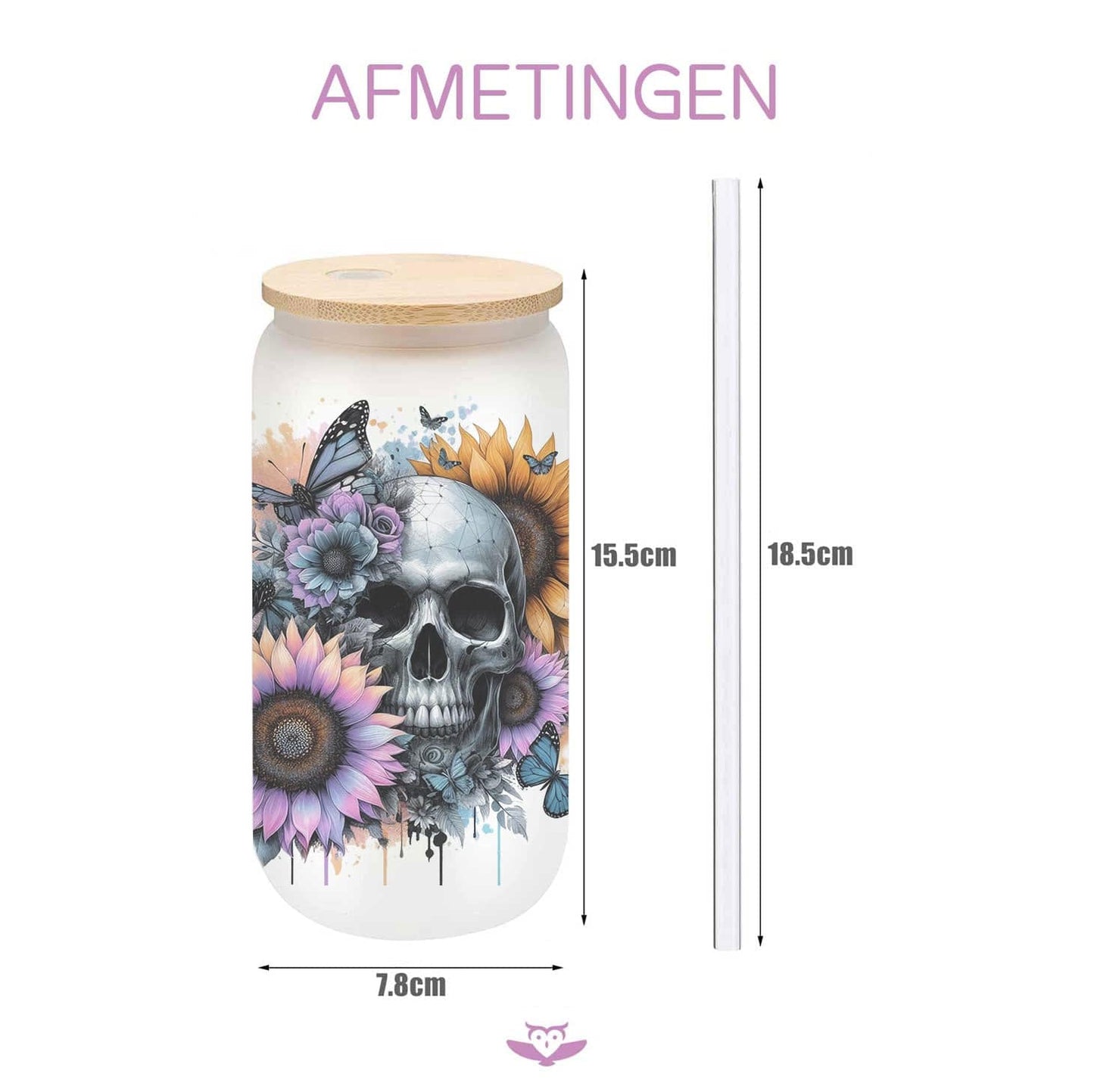 Witglazen Skull Drinkbeker met Bloemen – 500ml – Met Deksel & Glazen Rietje – Koffiebeker, Smoothiebeker, IJskoffie Glas – Herbruikbare Drinkmok