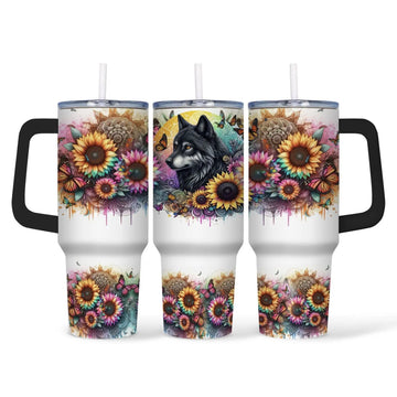 Wolf met Zonnebloemen 40oz Tumbler – Geïsoleerde Beker met Rietje